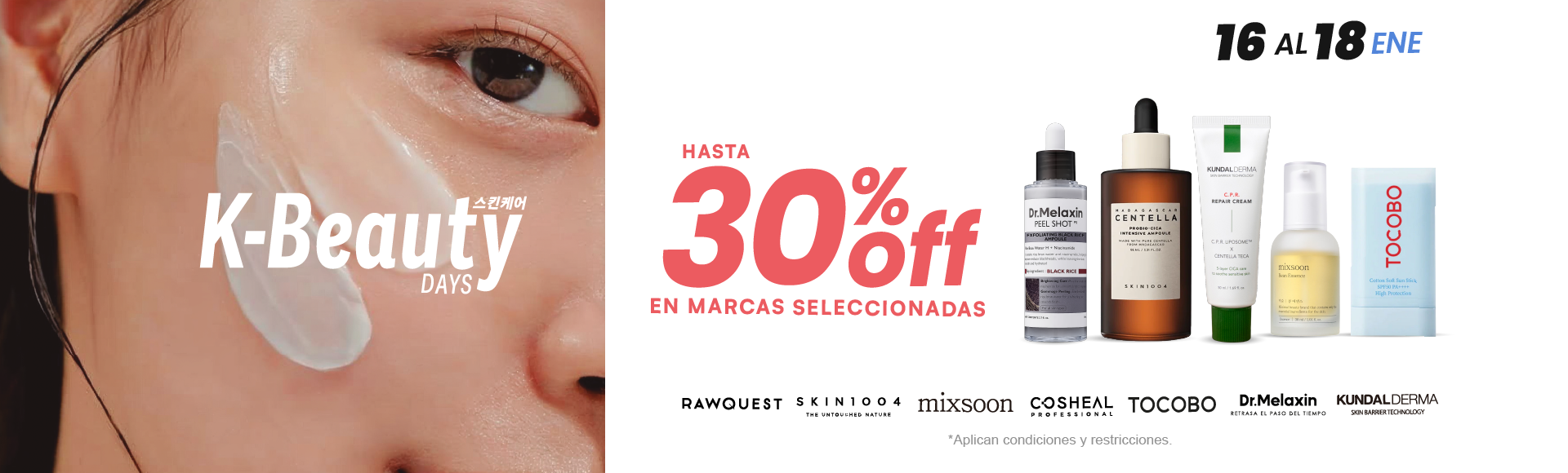 Banner promocional de K-Beauty Days 30% de descuento en productos seleccionados​.