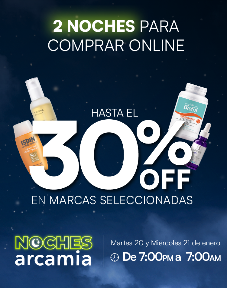 Banner promocional de noches arcamia hasta el 30% de descuento en productos seleccionados.