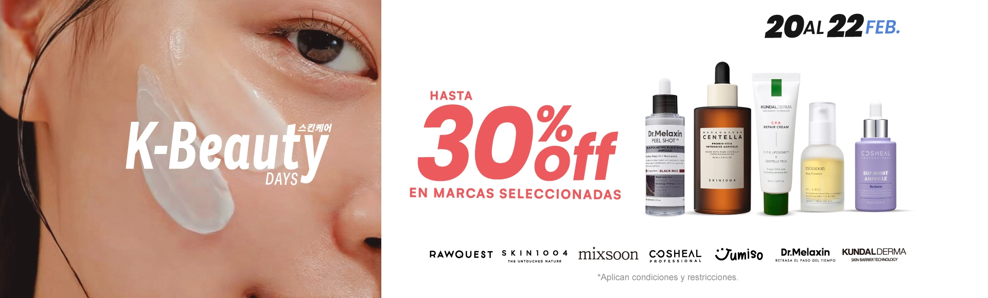 Banner promocional de K-Beauty Days 30% de descuento en productos seleccionados.