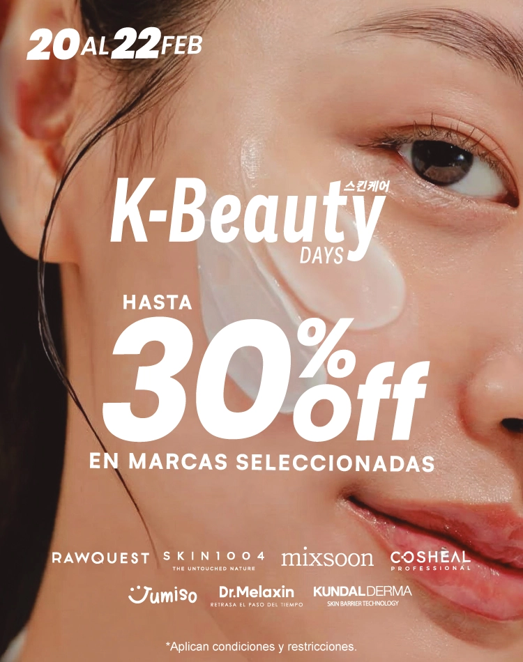 Banner promocional de K-Beauty Days 30% de descuento en productos seleccionados.