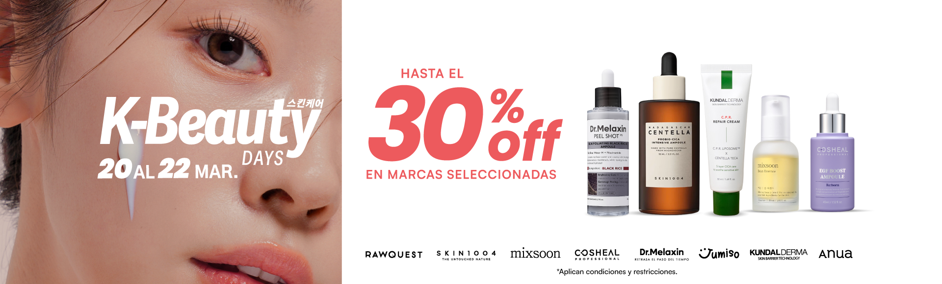 Banner promocional de K-Beauty Days 30% de descuento en productos seleccionados.