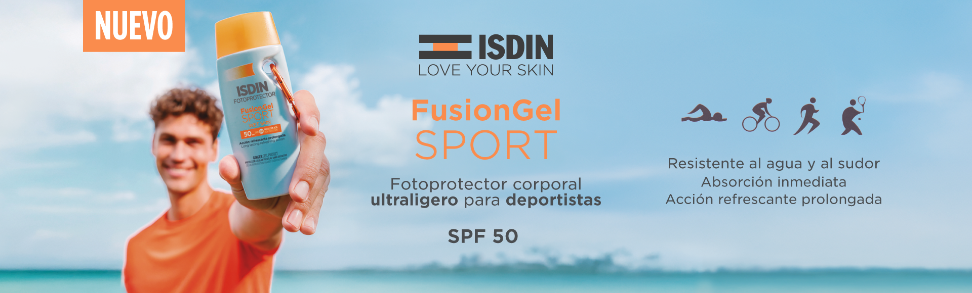 Banner promocional Fusion Gel Sport Isdin 20% por lanzamiento.
