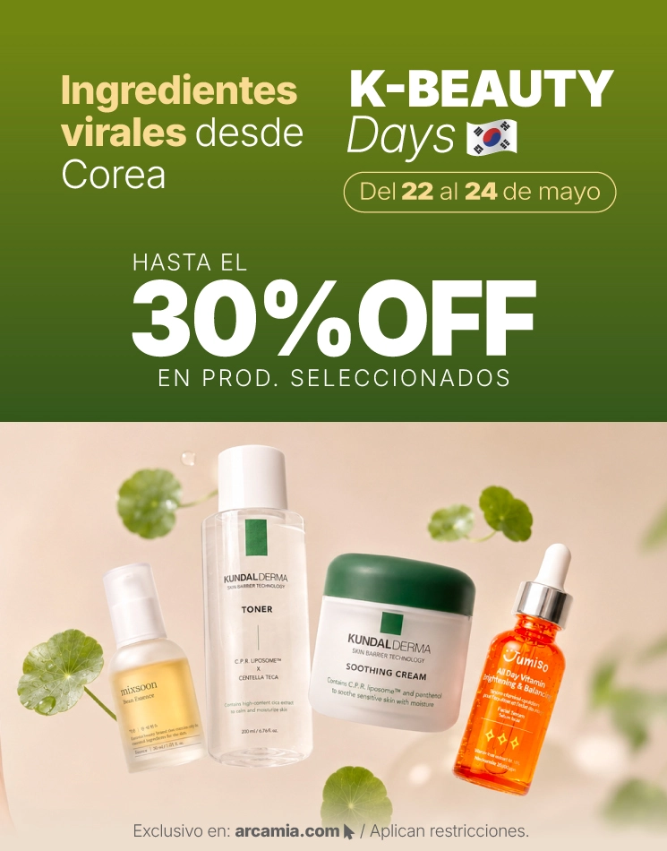 Banner de Arcamia con 30% de descuento en promoción de skincare coreano, incluyendo productos de rutina facial con marcas Mixsoon, Kundal, Jumiso, Ice Caam y centella asiática.