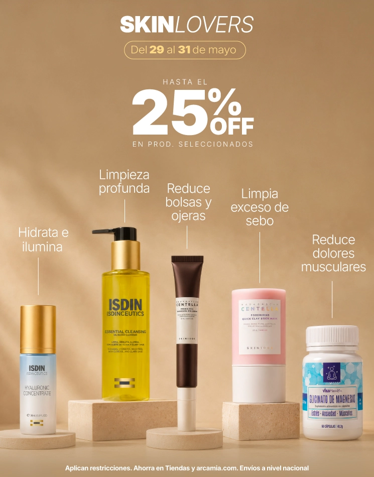 Banner Skinlovers de Arcamia con descuentos en productos para el cuidado de la piel, incluyendo skincare coreano y marcas como ISDIN y SKIN1004, enfocado en limpieza de poros, control de granos y reducción de arrugas.