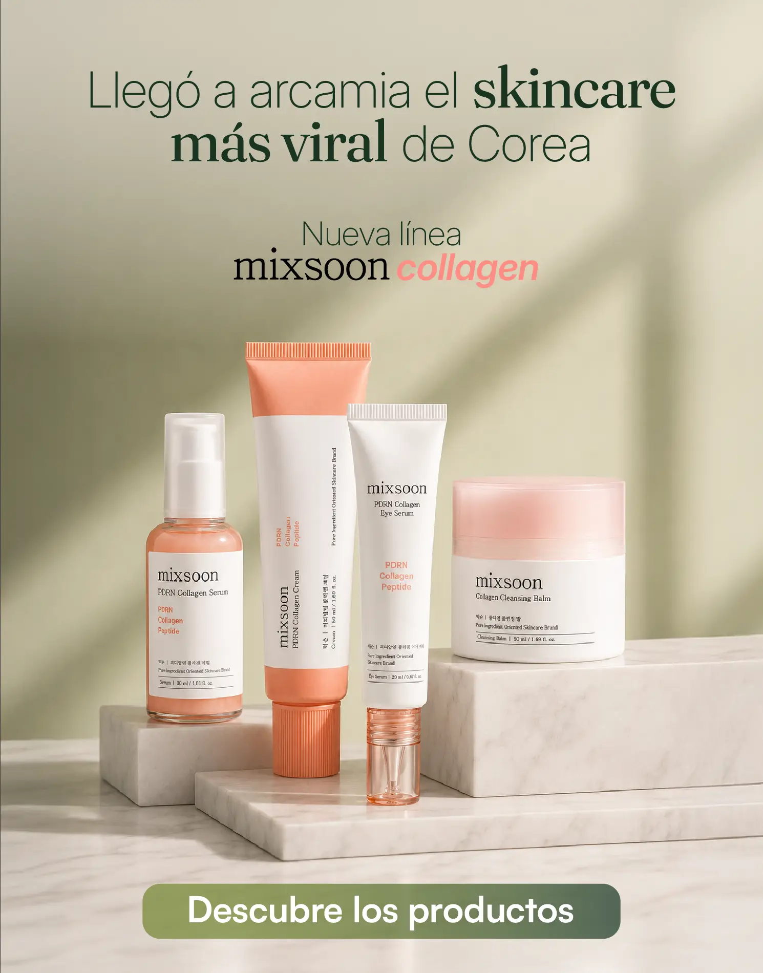 Banner de Arcamia con lanzamiento de nuevo producto Mixsoon Collagen, incluyendo serum, eye balm y cream, enfocado en skincare coreano viral para el cuidado de la piel.