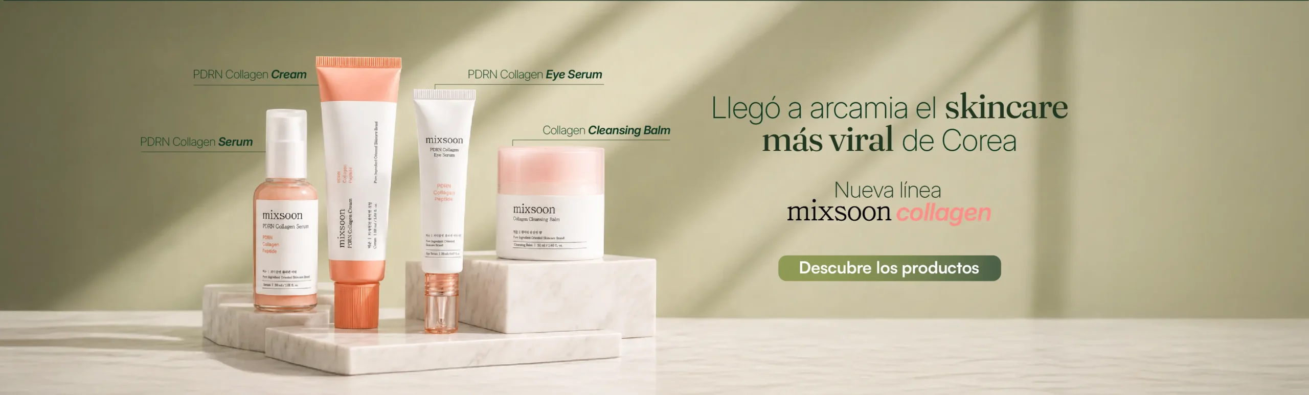Banner de Arcamia con lanzamiento de nuevo producto Mixsoon Collagen, incluyendo serum, eye balm y cream, enfocado en skincare coreano viral para el cuidado de la piel.