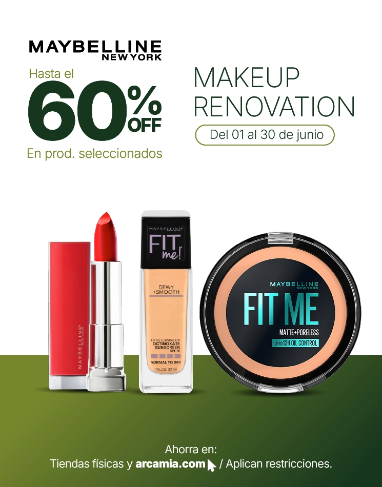 Banner promocional 60% de descuento en productos seleccionados en Maybelline.