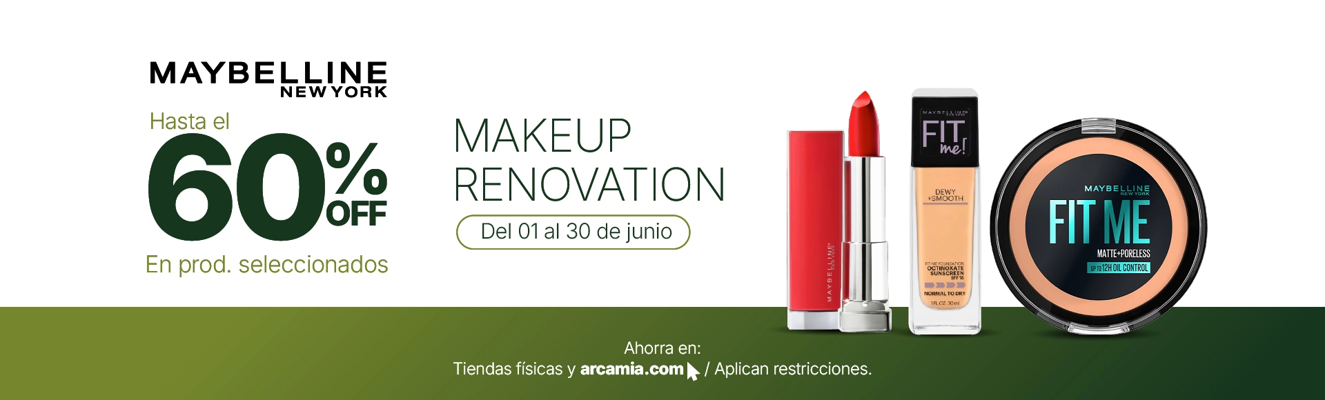 Banner promocional 60% de descuento en productos seleccionados en Maybelline.