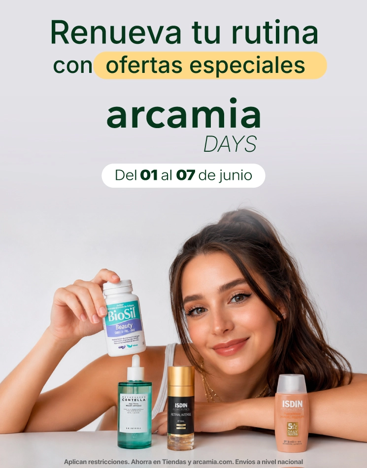 Banner Arcamia Days con descuentos en productos de cuidado de la piel, incluyendo skincare coreano y marcas como ISDIN y SKIN1004, enfocado en limpieza de poros, tratamiento de granos, arrugas y control del estrés cutáneo.