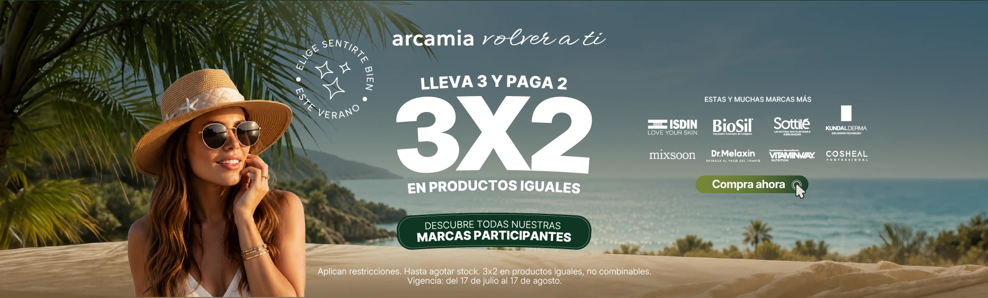 Promoción 3x2 de Arcamia Ecuador en productos de skincare, dermocosmética, protectores solares y sérums.