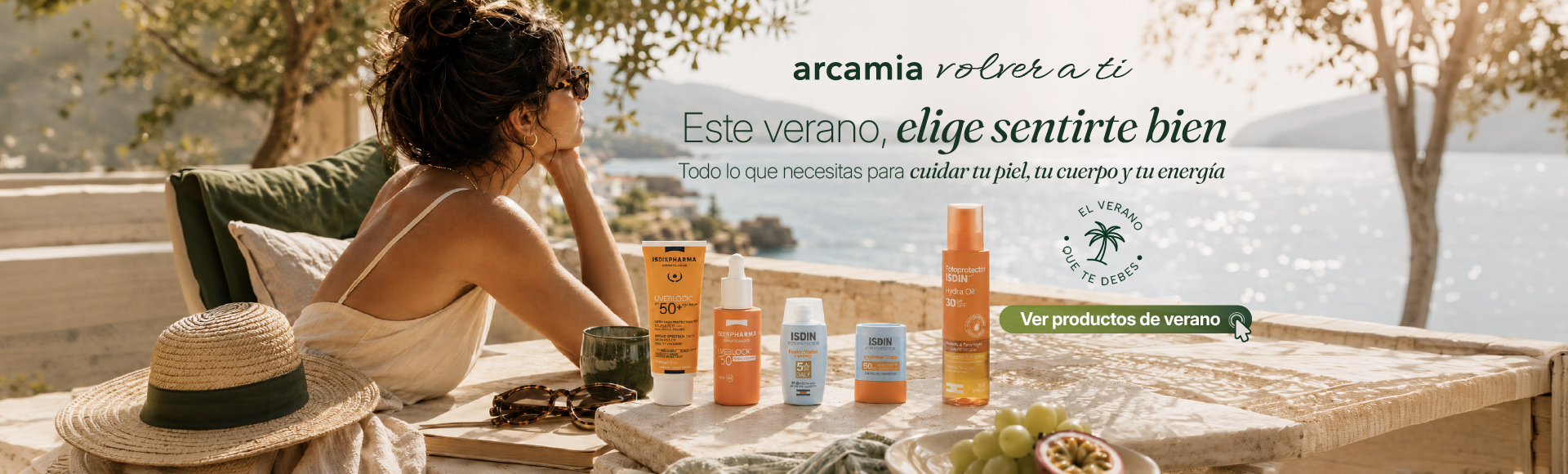Promoción de verano Arcamia Summer Vibes con protectores solares y productos de fotoprotección ISDIN, Isispharma y Avène.