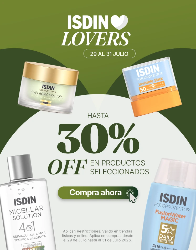 Promoción ISDIN Lovers en Arcamia Ecuador con descuentos de hasta 30% en protectores solares, sérums, limpiadores e hidratantes ISDIN.