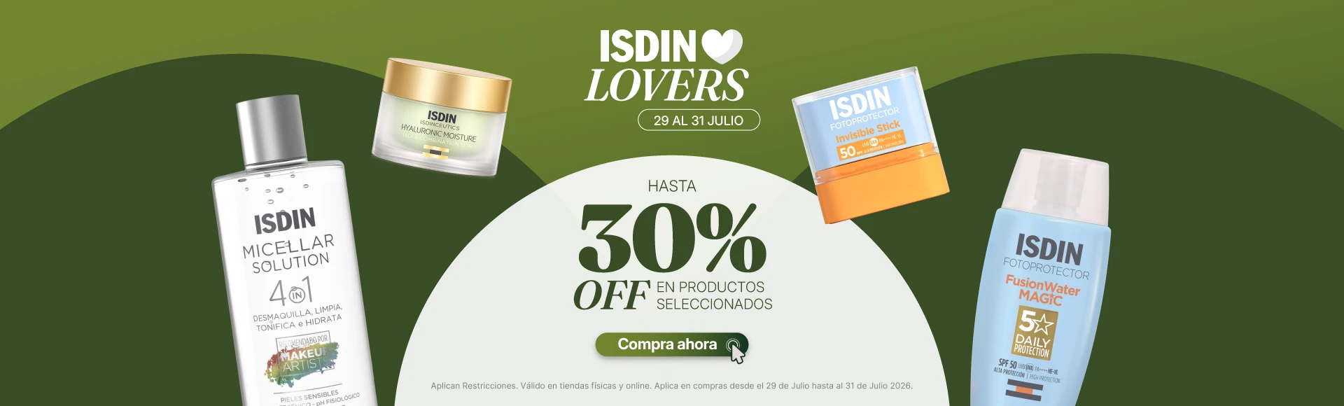 Promoción ISDIN Lovers en Arcamia Ecuador con descuentos de hasta 30% en protectores solares, sérums, limpiadores e hidratantes ISDIN.