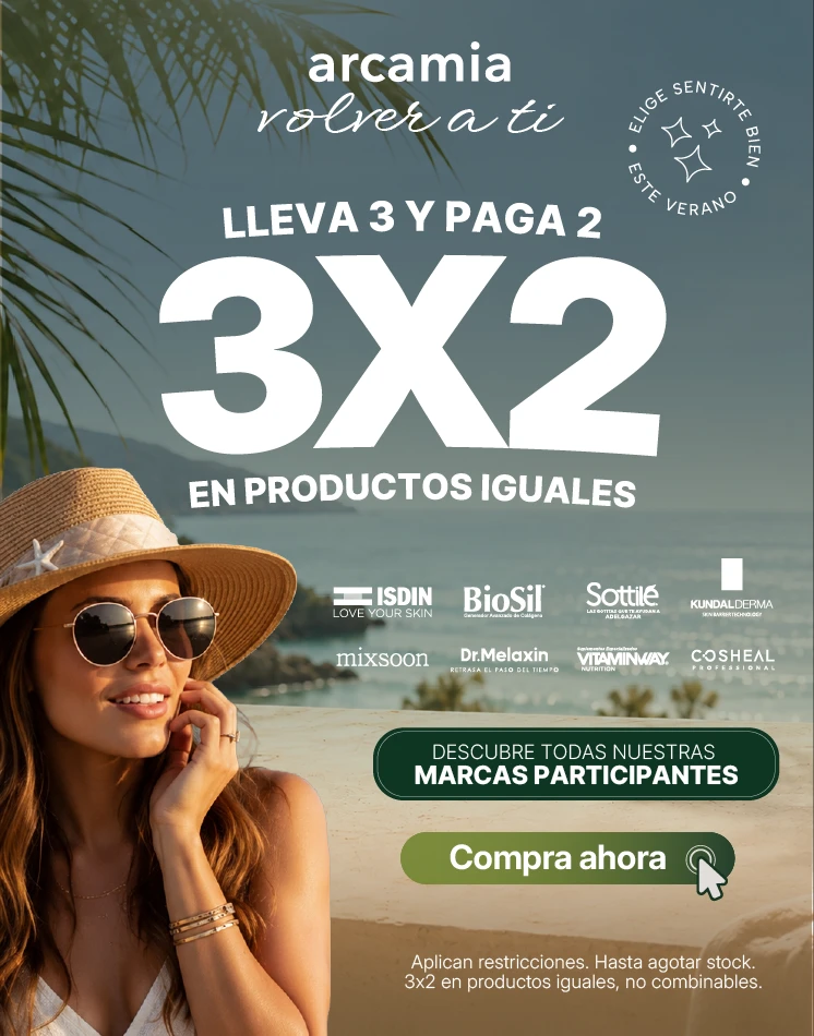 Promoción 3x2 de Arcamia Ecuador en productos de skincare, dermocosmética, protectores solares y sérums.