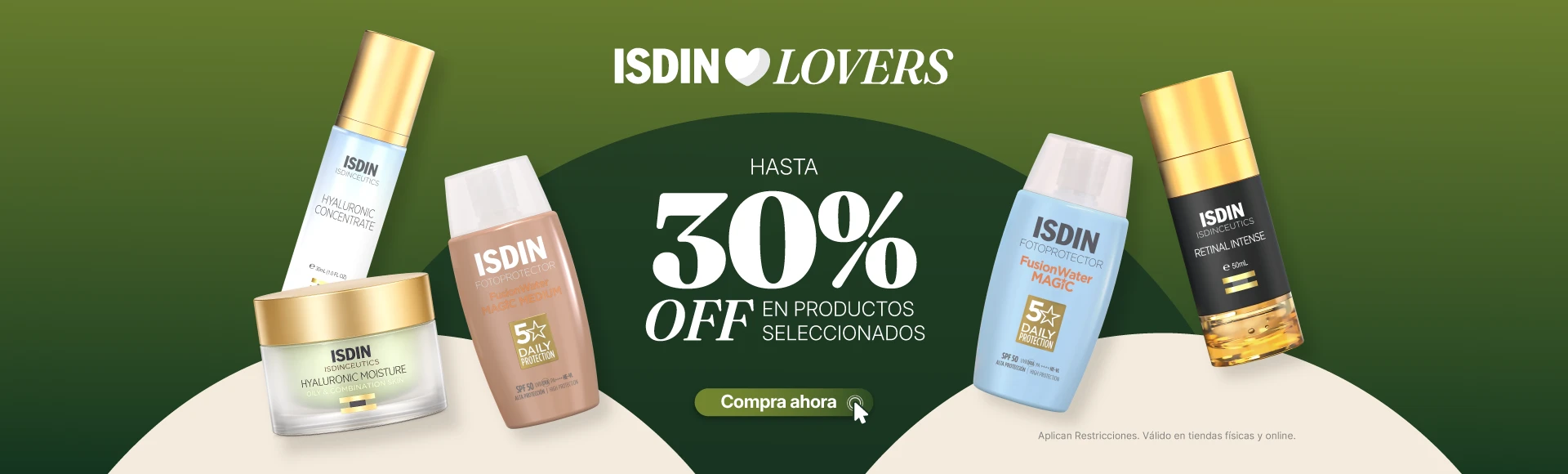 Promoción ISDIN Lovers Agosto en Arcamia Ecuador con descuentos de hasta 30% en protectores solares, sérums, limpiadores e hidratantes ISDIN.