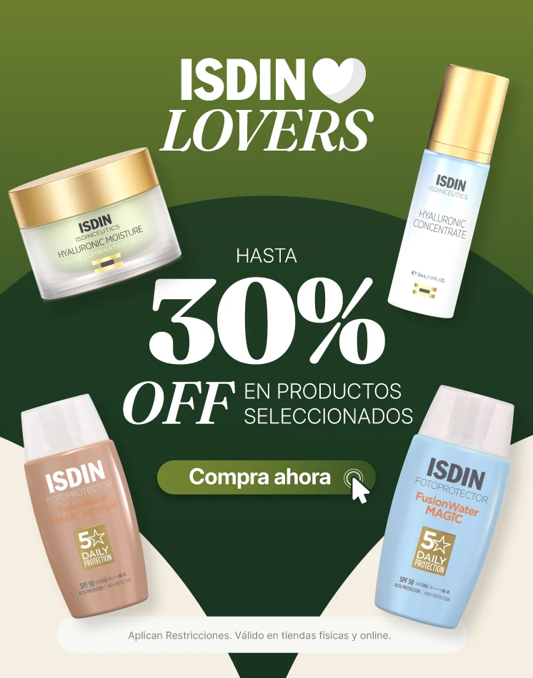 Promoción ISDIN Lovers Agosto en Arcamia Ecuador con descuentos de hasta 30% en protectores solares, sérums, limpiadores e hidratantes ISDIN.