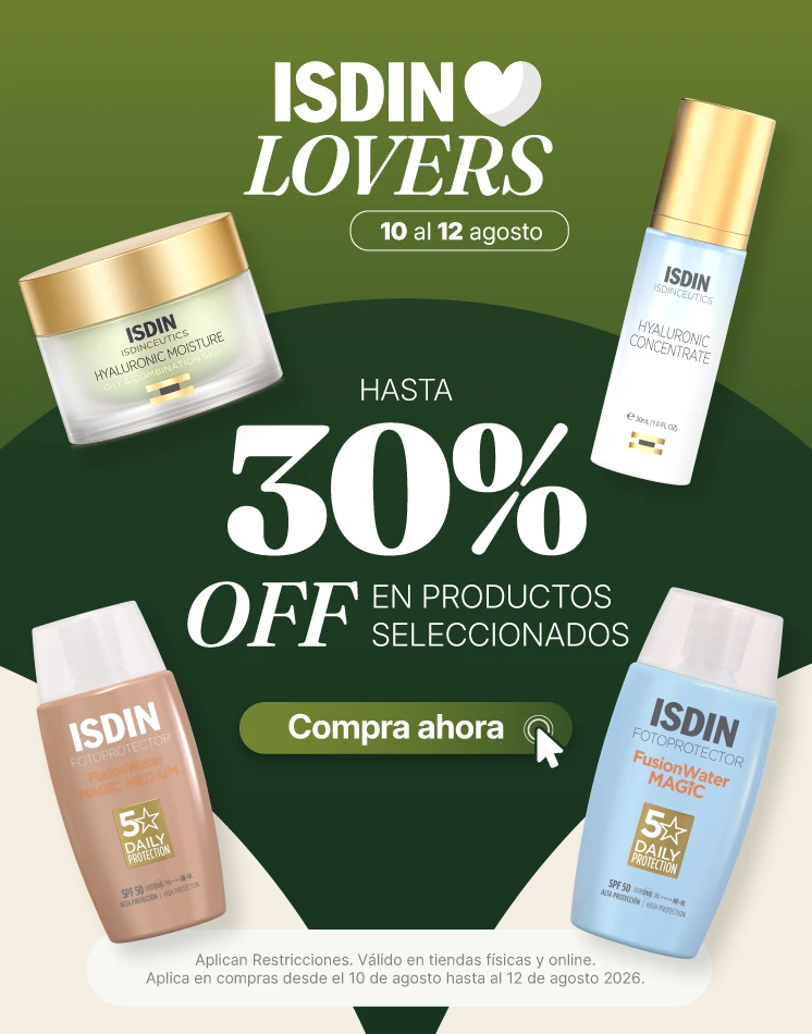 Promoción ISDIN Lovers Agosto en Arcamia Ecuador con descuentos de hasta 30% en protectores solares, sérums, limpiadores e hidratantes ISDIN.