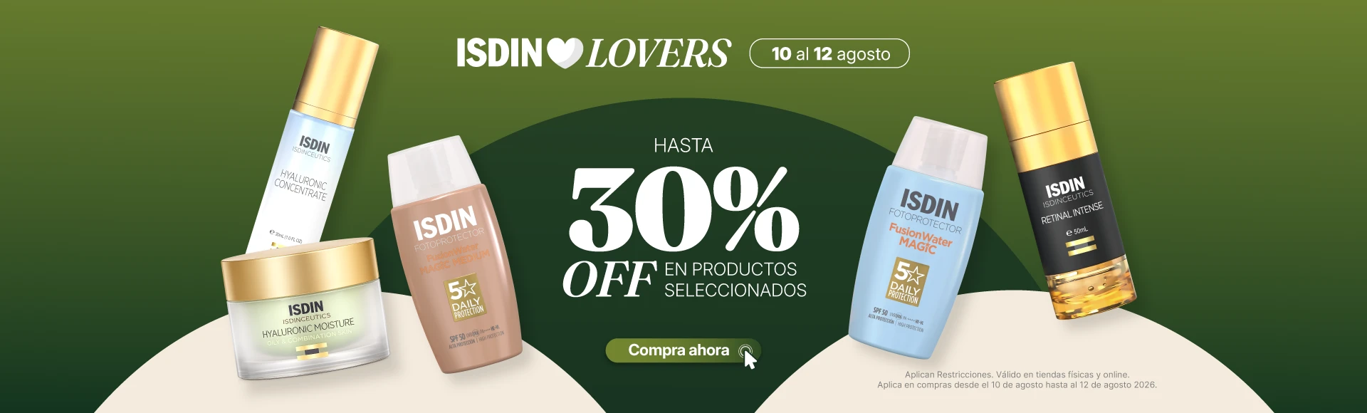 Promoción ISDIN Lovers Agosto en Arcamia Ecuador con descuentos de hasta 30% en protectores solares, sérums, limpiadores e hidratantes ISDIN.