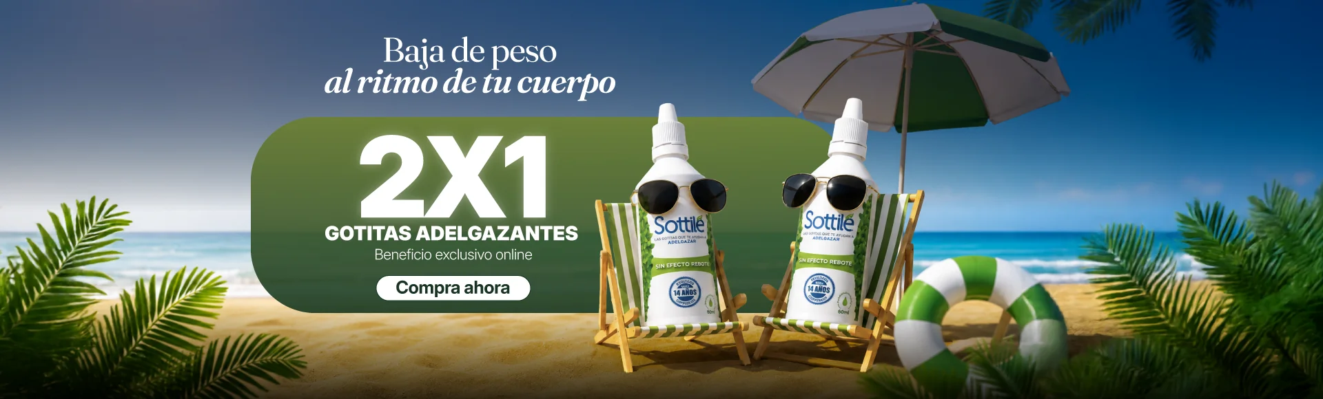 Promoción 2x1 Sottilé agosto en productos para control de peso, bienestar y estilo de vida saludable.