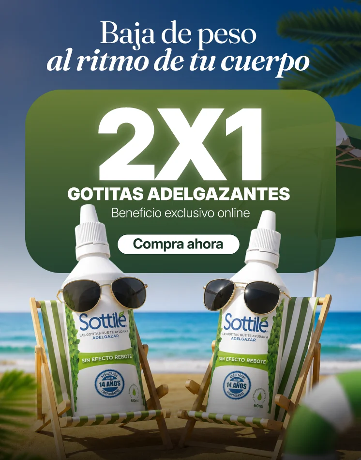Promoción 2x1 Sottilé agosto en productos para control de peso, bienestar y estilo de vida saludable.