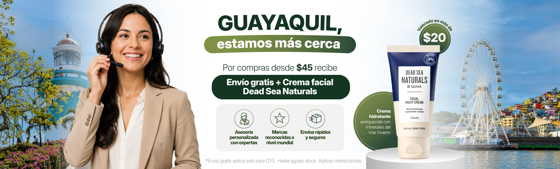 Envío gratis y crema facial Dead Sea Naturals gratis en Guayaquil por compras desde $45.